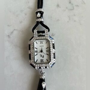 FX Franz Xavier Pendant Watch with White Crystals on Black Satin Rope